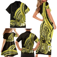 Yellow Polynesia Easter Day Family Matching Short Sleeve Bodycon Dress and Hawaiian Shirt Eggs With Bunny Polynesian Pattern