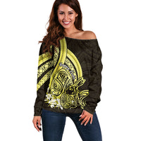 Yellow Polynesia Easter Day Off Shoulder Sweater Eggs With Bunny Polynesian Pattern
