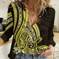 Yellow Polynesia Easter Day Women Casual Shirt Eggs With Bunny Polynesian Pattern