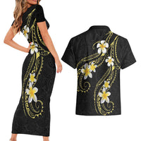 Polynesia Tattoo With Plumeria Couples Matching Short Sleeve Bodycon Dress and Hawaiian Shirt Elegant Vibes