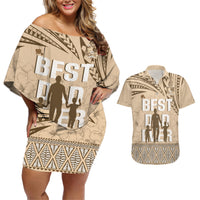 Tonga Father's Day Couples Matching Off Shoulder Short Dress and Hawaiian Shirt Best Dad Ever Tongan Ngatu Pattern - Beige LT14 Beige - Polynesian Pride