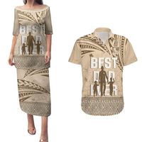 Tonga Father's Day Couples Matching Puletasi and Hawaiian Shirt Best Dad Ever Tongan Ngatu Pattern - Beige LT14 Beige - Polynesian Pride