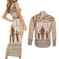 Tonga Father's Day Couples Matching Short Sleeve Bodycon Dress and Long Sleeve Button Shirt Best Dad Ever Tongan Ngatu Pattern - Beige