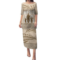Tonga Father's Day Puletasi Best Dad Ever Tongan Ngatu Pattern - Beige LT14 Long Dress Beige - Polynesian Pride