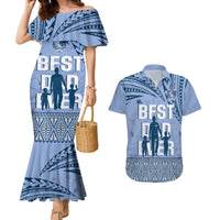 Tonga Father's Day Couples Matching Mermaid Dress and Hawaiian Shirt Best Dad Ever Tongan Ngatu Pattern - Blue LT14 Blue - Polynesian Pride