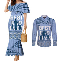 Tonga Father's Day Couples Matching Mermaid Dress and Long Sleeve Button Shirt Best Dad Ever Tongan Ngatu Pattern - Blue