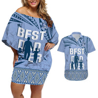 Tonga Father's Day Couples Matching Off Shoulder Short Dress and Hawaiian Shirt Best Dad Ever Tongan Ngatu Pattern - Blue LT14 Blue - Polynesian Pride