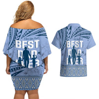 Tonga Father's Day Couples Matching Off Shoulder Short Dress and Hawaiian Shirt Best Dad Ever Tongan Ngatu Pattern - Blue LT14 - Polynesian Pride