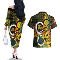 Vanuatu 1980 Couples Matching Off The Shoulder Long Sleeve Dress and Hawaiian Shirt Ni-Van Tamtam Sand Drawing Pattern