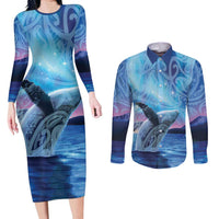 New Zealand Matariki Humpback Whale Couples Matching Long Sleeve Bodycon Dress and Long Sleeve Button Shirt Paikea Maori New Year Blue Galaxy LT14 Blue - Polynesian Pride