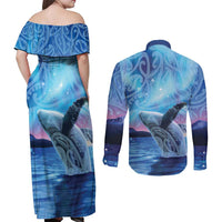 New Zealand Matariki Humpback Whale Couples Matching Off Shoulder Maxi Dress and Long Sleeve Button Shirt Paikea Maori New Year Blue Galaxy LT14 - Polynesian Pride
