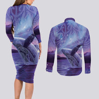 New Zealand Matariki Humpback Whale Couples Matching Long Sleeve Bodycon Dress and Long Sleeve Button Shirt Paikea Maori New Year Purple Galaxy LT14 - Polynesian Pride