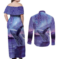New Zealand Matariki Humpback Whale Couples Matching Off Shoulder Maxi Dress and Long Sleeve Button Shirt Paikea Maori New Year Purple Galaxy LT14 - Polynesian Pride