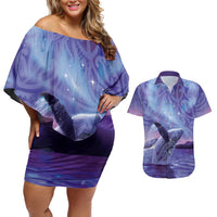 New Zealand Matariki Humpback Whale Couples Matching Off Shoulder Short Dress and Hawaiian Shirt Paikea Maori New Year Purple Galaxy LT14 Purple - Polynesian Pride