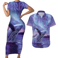 New Zealand Matariki Humpback Whale Couples Matching Short Sleeve Bodycon Dress and Hawaiian Shirt Paikea Maori New Year Purple Galaxy LT14 Purple - Polynesian Pride