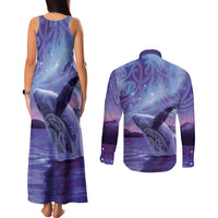 New Zealand Matariki Humpback Whale Couples Matching Tank Maxi Dress and Long Sleeve Button Shirt Paikea Maori New Year Purple Galaxy LT14 - Polynesian Pride
