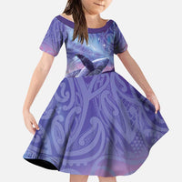 New Zealand Matariki Humpback Whale Family Matching Off The Shoulder Long Sleeve Dress and Hawaiian Shirt Paikea Maori New Year Purple Galaxy LT14 Daughter's Dress Purple - Polynesian Pride