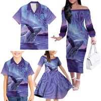New Zealand Matariki Humpback Whale Family Matching Off The Shoulder Long Sleeve Dress and Hawaiian Shirt Paikea Maori New Year Purple Galaxy LT14 - Polynesian Pride