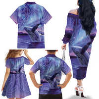 New Zealand Matariki Humpback Whale Family Matching Off The Shoulder Long Sleeve Dress and Hawaiian Shirt Paikea Maori New Year Purple Galaxy LT14 - Polynesian Pride