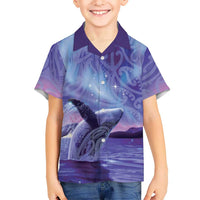 New Zealand Matariki Humpback Whale Family Matching Off The Shoulder Long Sleeve Dress and Hawaiian Shirt Paikea Maori New Year Purple Galaxy LT14 Son's Shirt Purple - Polynesian Pride
