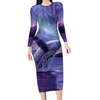 New Zealand Matariki Humpback Whale Long Sleeve Bodycon Dress Paikea Maori New Year Purple Galaxy