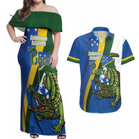 Solomon Islands Independence Day Couples Matching Off Shoulder Maxi Dress and Hawaiian Shirt Happy 7 July Crocodile Flag Style