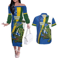 Solomon Islands Independence Day Couples Matching Off The Shoulder Long Sleeve Dress and Hawaiian Shirt Happy 7 July Crocodile Flag Style