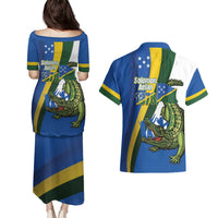 Solomon Islands Independence Day Couples Matching Puletasi and Hawaiian Shirt Happy 7 July Crocodile Flag Style