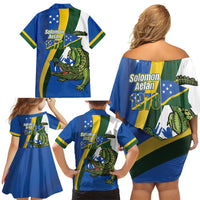 Solomon Islands Independence Day Family Matching Off Shoulder Short Dress and Hawaiian Shirt Happy 7 July Crocodile Flag Style