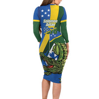 Solomon Islands Independence Day Long Sleeve Bodycon Dress Happy 7 July Crocodile Flag Style