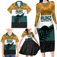 AUNZ Rugby Custom Family Matching Long Sleeve Bodycon Dress and Hawaiian Shirt Australia Kangaroo New Zealand Silver Fern - Polynesian Pride