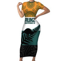 AUNZ Rugby Custom Short Sleeve Bodycon Dress Australia Kangaroo New Zealand Silver Fern - Polynesian Pride