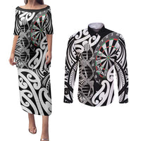 Personalised New Zealand Darts Couples Matching Puletasi and Long Sleeve Button Shirt Aotearoa Maori Its In My DNA Black LT14 Black - Polynesian Pride