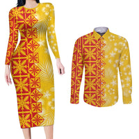 Kahili Quilt Hawaii Couples Matching Long Sleeve Bodycon Dress and Long Sleeve Button Shirt Tropical Flower Seamless Half Style