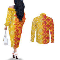 Kahili Quilt Hawaii Couples Matching Off The Shoulder Long Sleeve Dress and Long Sleeve Button Shirt Tropical Flower Seamless Half Style