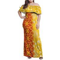 Kahili Quilt Hawaii Family Matching Off Shoulder Maxi Dress and Hawaiian Shirt Tropical Flower Seamless Half Style LT14 Mom's Dress Yellow - Polynesian Pride