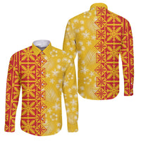 Kahili Quilt Hawaii Family Matching Off Shoulder Short Dress and Hawaiian Shirt Tropical Flower Seamless Half Style LT14 Dad's Shirt - Long Sleeve Yellow - Polynesian Pride