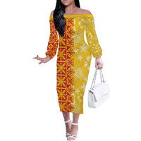 Kahili Quilt Hawaii Off The Shoulder Long Sleeve Dress Tropical Flower Seamless Half Style LT14 Women Yellow - Polynesian Pride