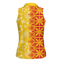 Kahili Quilt Hawaii Women Sleeveless Polo Shirt Tropical Flower Seamless Half Style