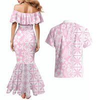 Pastel Pink Kahili Quilt Hawaii Couples Matching Mermaid Dress and Hawaiian Shirt Tropical Flower Seamless Half Style LT14 - Polynesian Pride