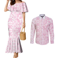 Pastel Pink Kahili Quilt Hawaii Couples Matching Mermaid Dress and Long Sleeve Button Shirt Tropical Flower Seamless Half Style LT14 Pink - Polynesian Pride