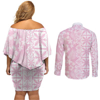 Pastel Pink Kahili Quilt Hawaii Couples Matching Off Shoulder Short Dress and Long Sleeve Button Shirt Tropical Flower Seamless Half Style LT14 - Polynesian Pride
