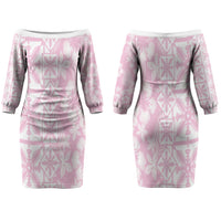 Pastel Pink Kahili Quilt Hawaii Couples Matching Off The Shoulder Long Sleeve Dress and Hawaiian Shirt Tropical Flower Seamless Half Style LT14 - Polynesian Pride