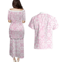 Pastel Pink Kahili Quilt Hawaii Couples Matching Puletasi and Hawaiian Shirt Tropical Flower Seamless Half Style LT14 - Polynesian Pride