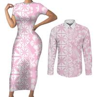 Pastel Pink Kahili Quilt Hawaii Couples Matching Short Sleeve Bodycon Dress and Long Sleeve Button Shirt Tropical Flower Seamless Half Style