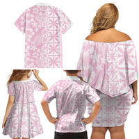 Pastel Pink Kahili Quilt Hawaii Family Matching Off Shoulder Short Dress and Hawaiian Shirt Tropical Flower Seamless Half Style LT14 Mom's Dress Pink - Polynesian Pride