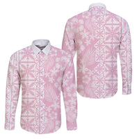 Pastel Pink Kahili Quilt Hawaii Family Matching Off Shoulder Short Dress and Hawaiian Shirt Tropical Flower Seamless Half Style LT14 Dad's Shirt - Long Sleeve Pink - Polynesian Pride