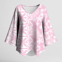 Pastel Pink Kahili Quilt Hawaii Kimono Sleeve Blouse Tropical Flower Seamless Half Style