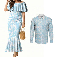 Pastel Blue Kahili Quilt Hawaii Couples Matching Mermaid Dress and Long Sleeve Button Shirt Tropical Flower Seamless Half Style LT14 Blue - Polynesian Pride