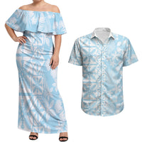 Pastel Blue Kahili Quilt Hawaii Couples Matching Off Shoulder Maxi Dress and Hawaiian Shirt Tropical Flower Seamless Half Style LT14 Blue - Polynesian Pride
